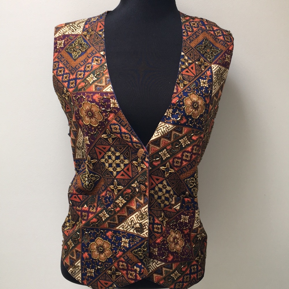 Beaded Vest size L vtg cotton Morroccan pattern